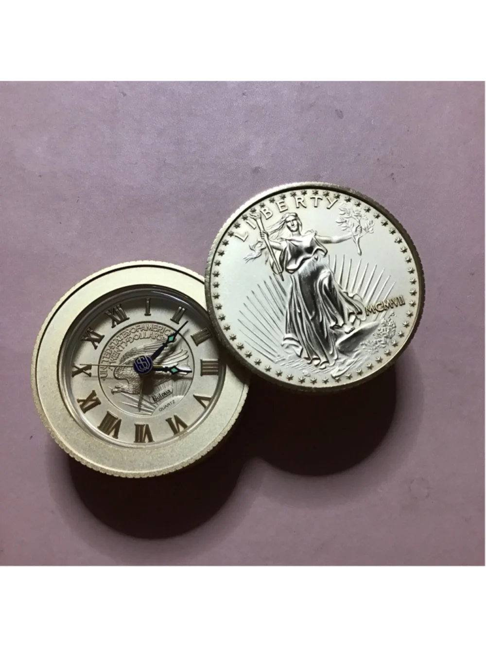 Liberty Gold Coin Design Quartz Alarm Clock Glow in the Dark